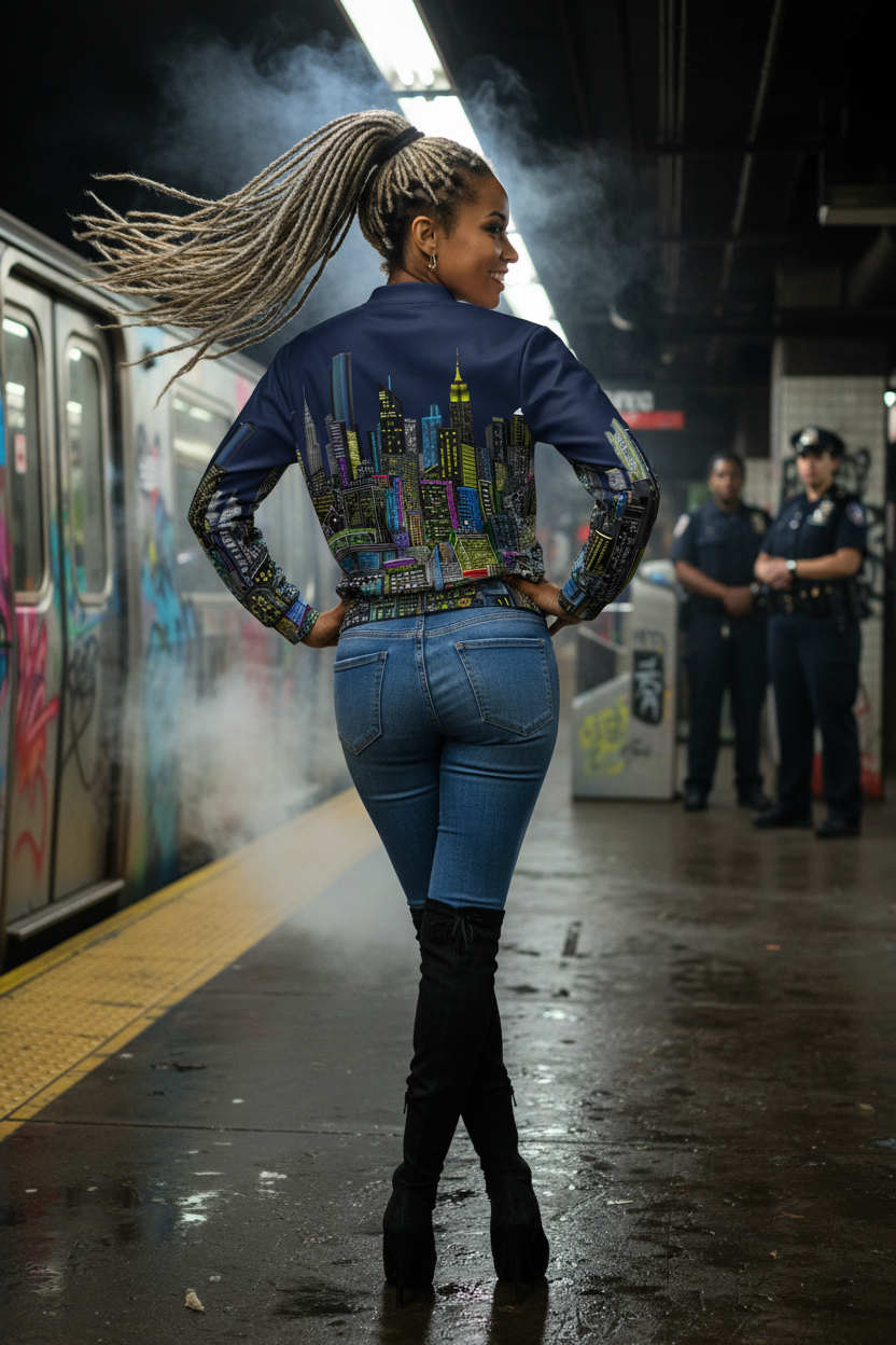 Woman in a colorful Loria NYC Art jacket standing on a subway platform with police officers in the background