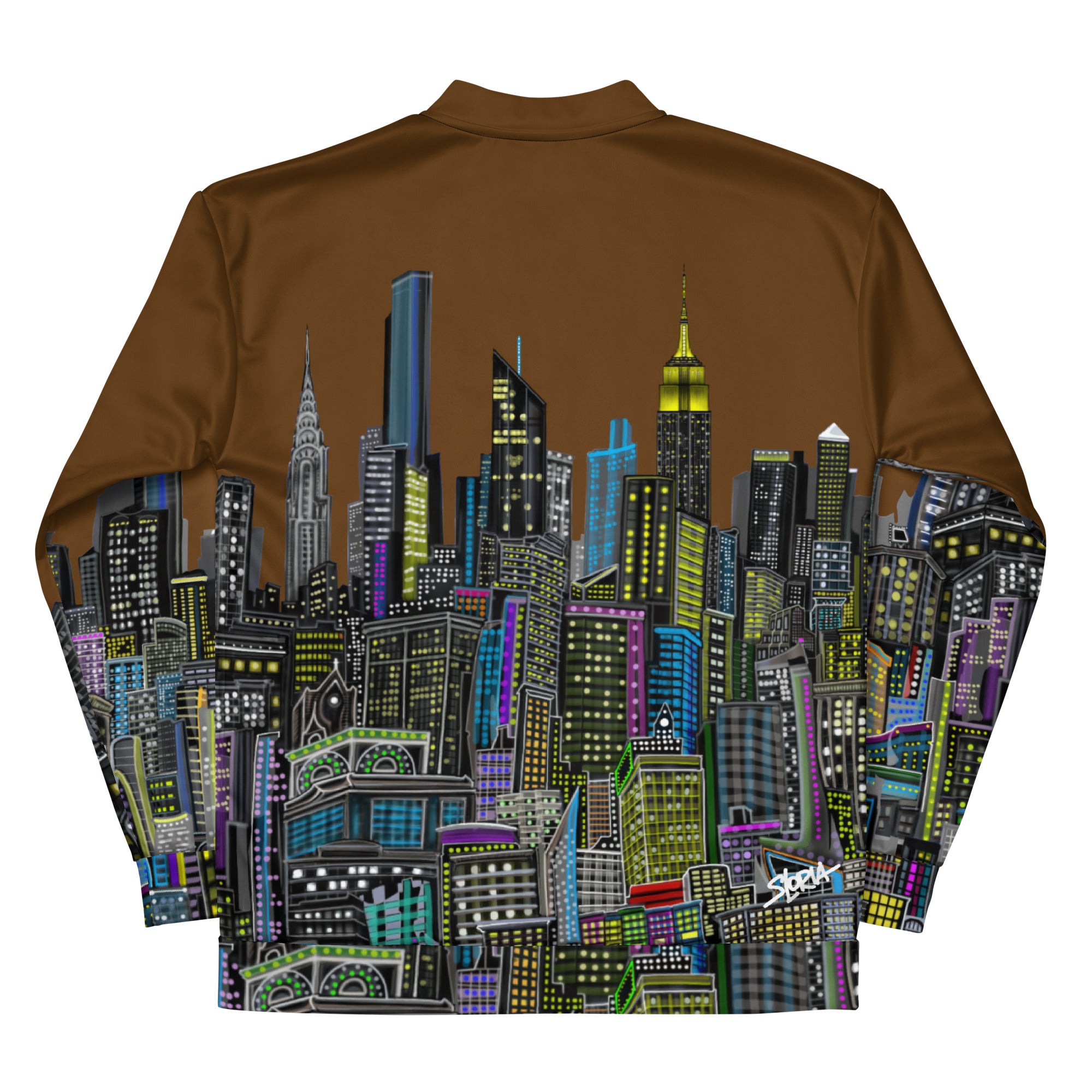 Rear view of Brown jacket with folded sleeves design created by Loria NYC Art on the back against a white background