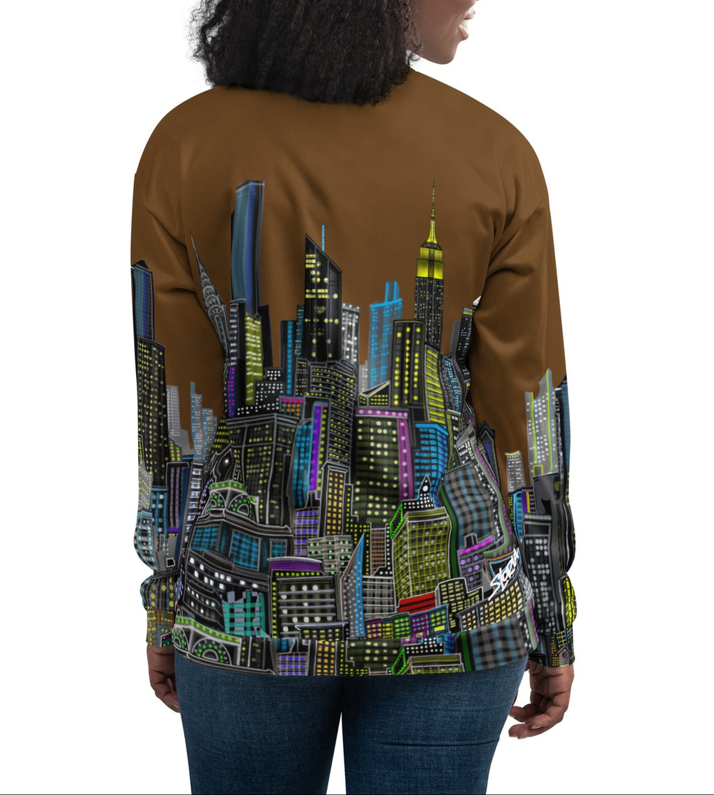 Back of posing Woman in a brown bomber jacket with cityscape design by Loria NYC Art on a white background
