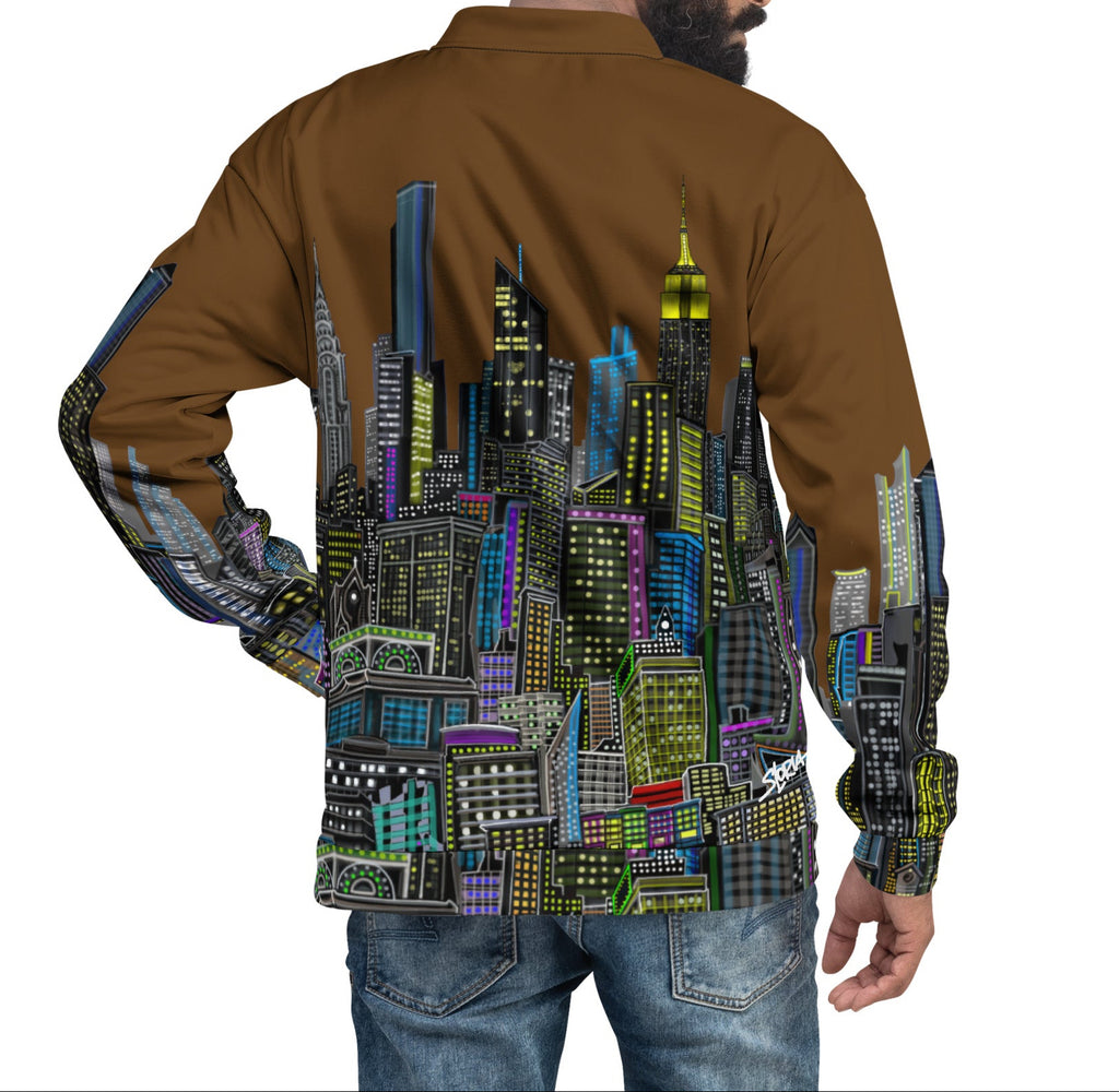 Back of man wearing a brown bomber jacket with cityscape design by Loria NYC Art on a white background