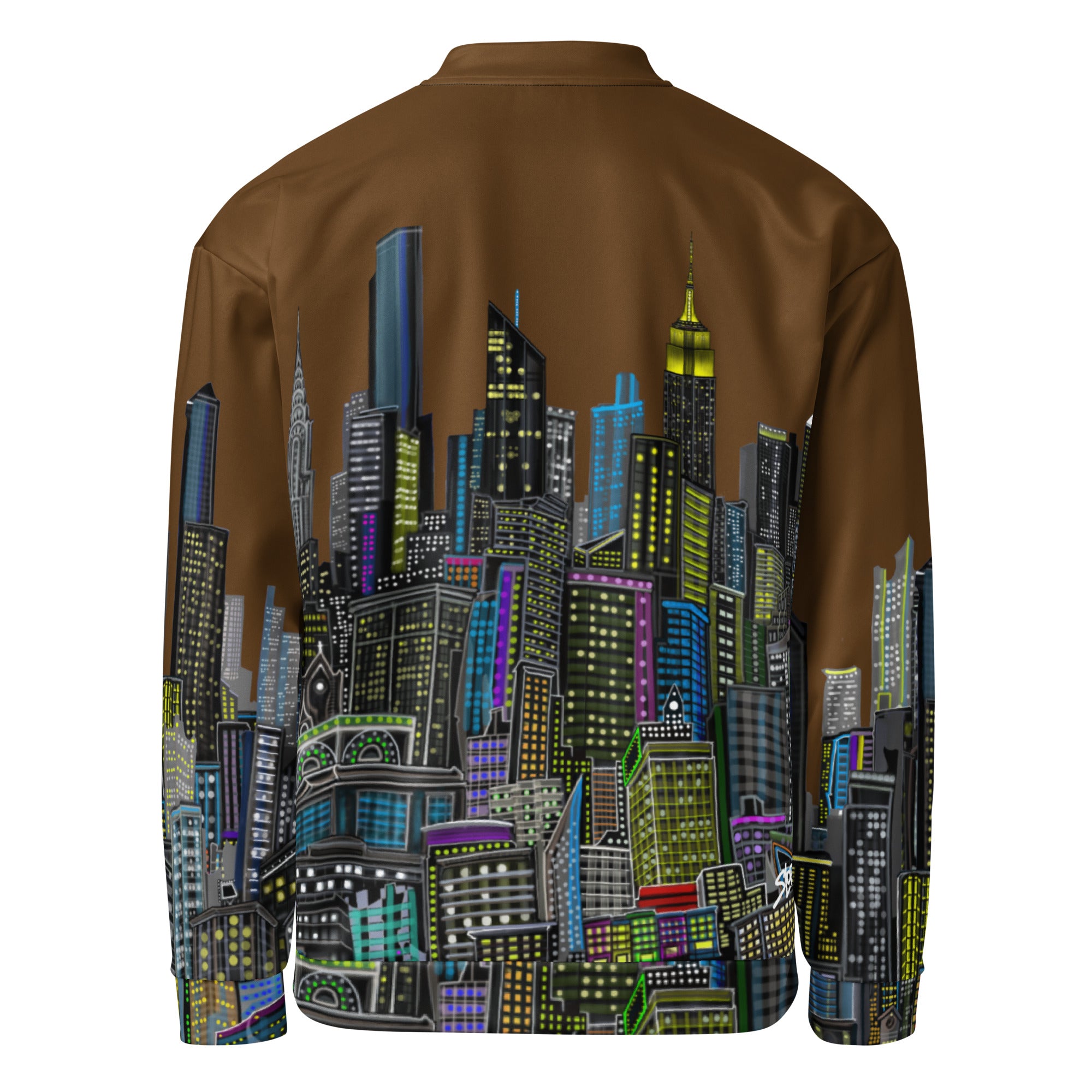 Rear view of Brown jacket with colorful cityscape designed by Loria NYC Art on a white background