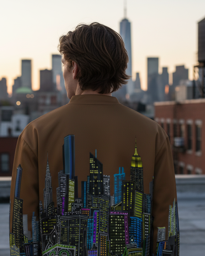 Person wearing a jacket with cityscape design by Loria NYC Art standing on a rooftop with city skyline in the background.