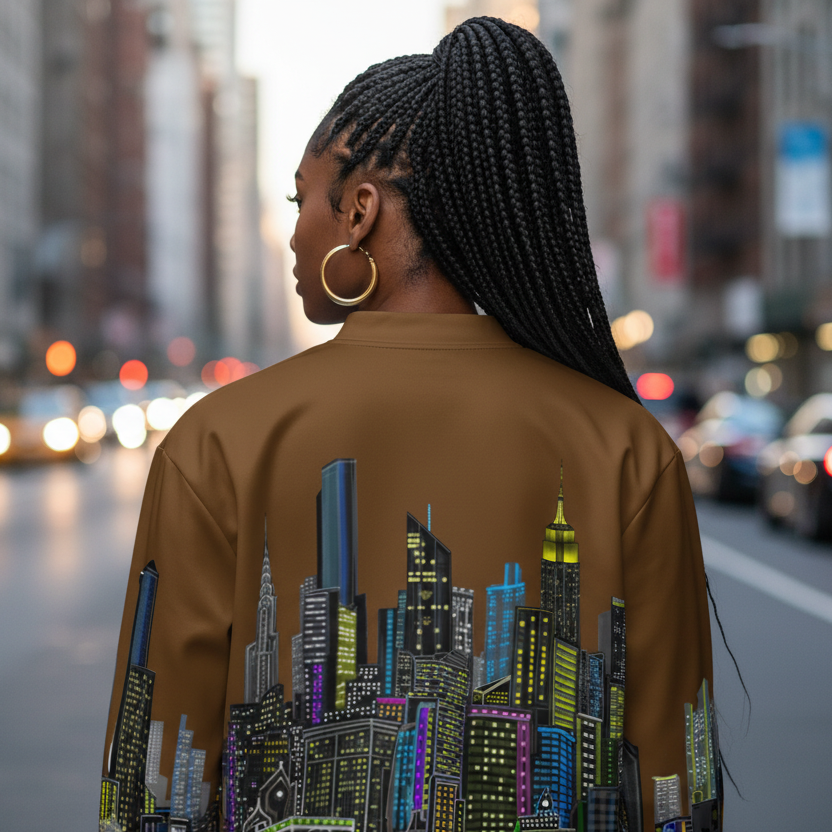 Woman wearing a jacket with a cityscape design created by Loria NYC Art on a city street