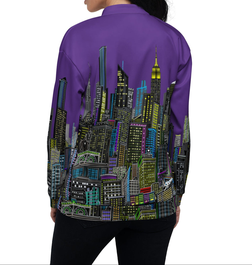 Back of Lady wearing a Purple jacket with a cityscape design by Loria NYC Art on a white background