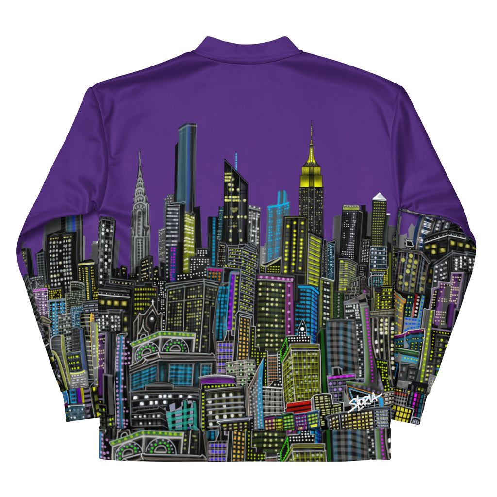 Back view folded sleeves of a Purple jacket with a cityscape design by Loria NYC Art on a white background