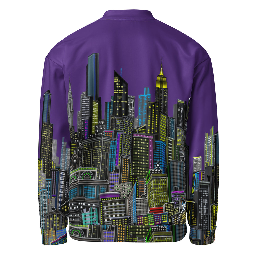 Rear view of Purple jacket with a cityscape design by Loria NYC Art on a white background