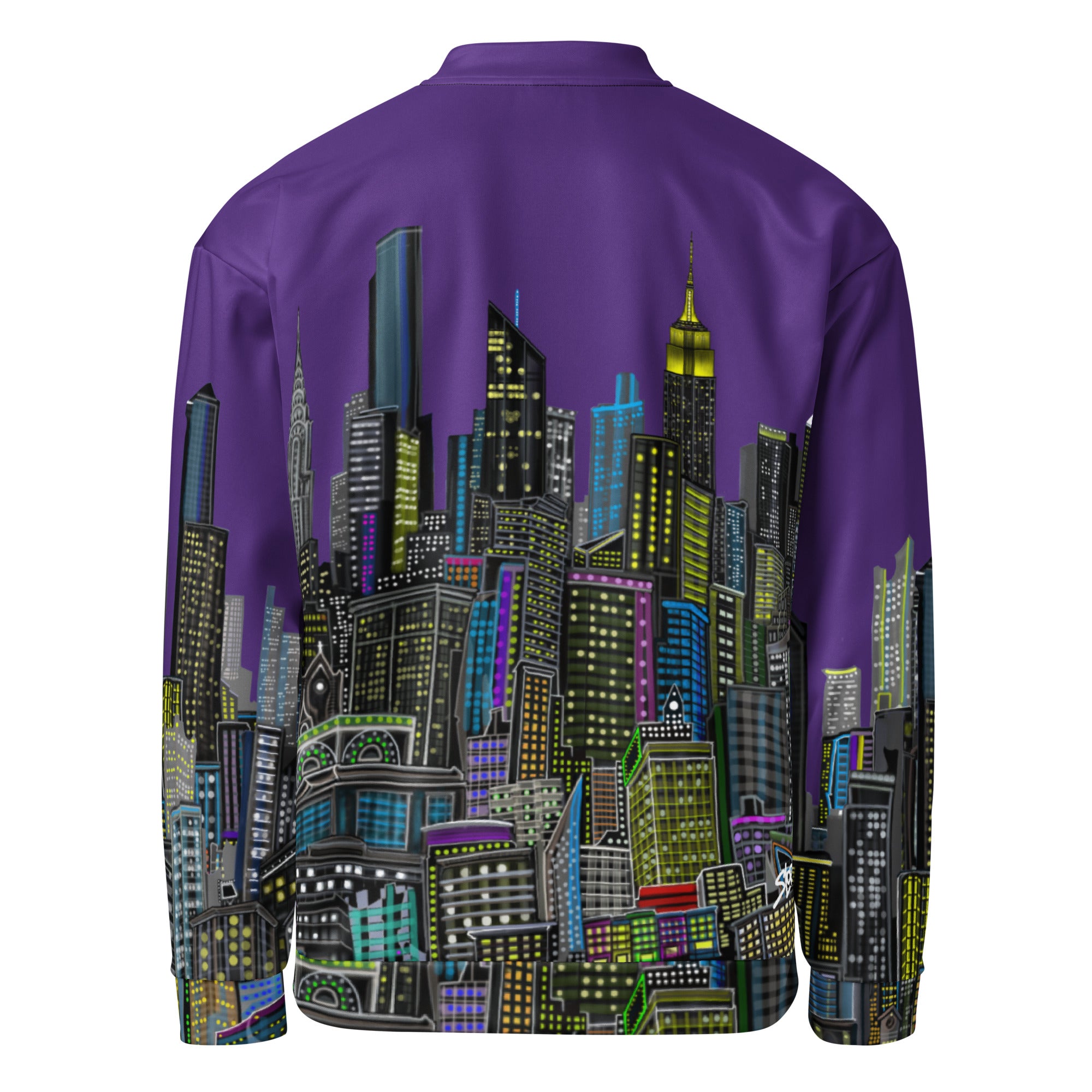 Rear view of Purple jacket with a cityscape design by Loria NYC Art on a white background