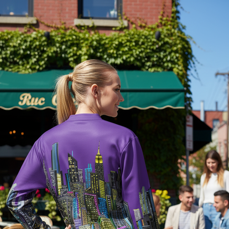 Back of a women wearing a purple Loria NYC Art jacket with cityscape design 