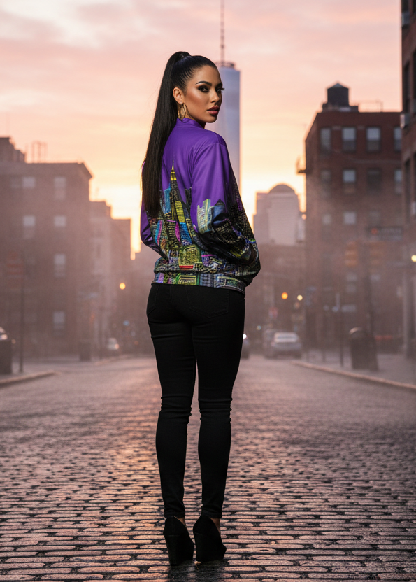 Person wearing a colorful Loria NYC Art jacket on a city street at sunset
