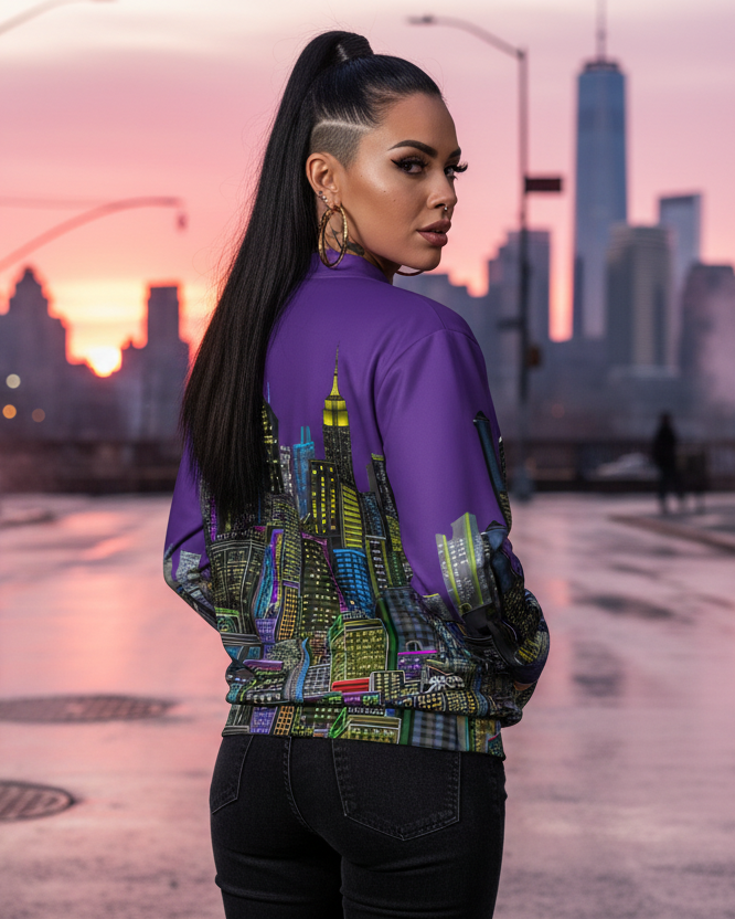 Person wearing a colorful jacket with cityscape Loria NYC Art design against a city skyline at sunset.