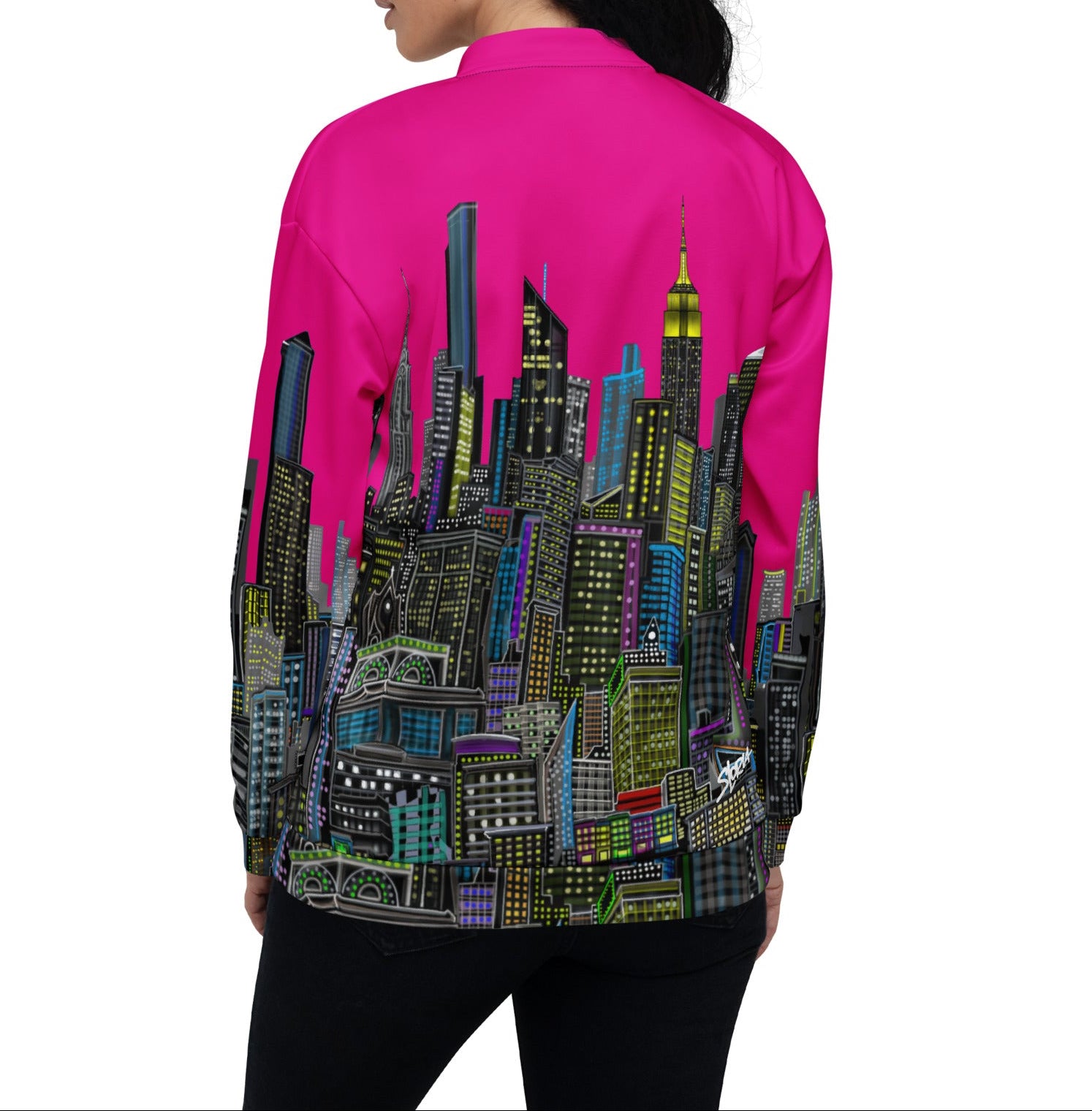 Rear image of modeling girl in jacket with Fuchsia color design by Loria NYC Art on a white background