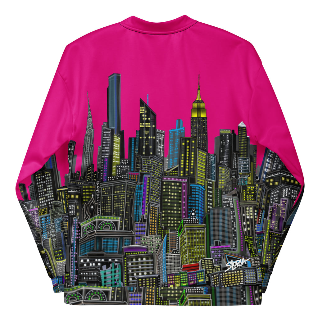 Back of jacket with folded sleeves fuchsia colored jacket cityscape design by Loria NYC Art on a white background