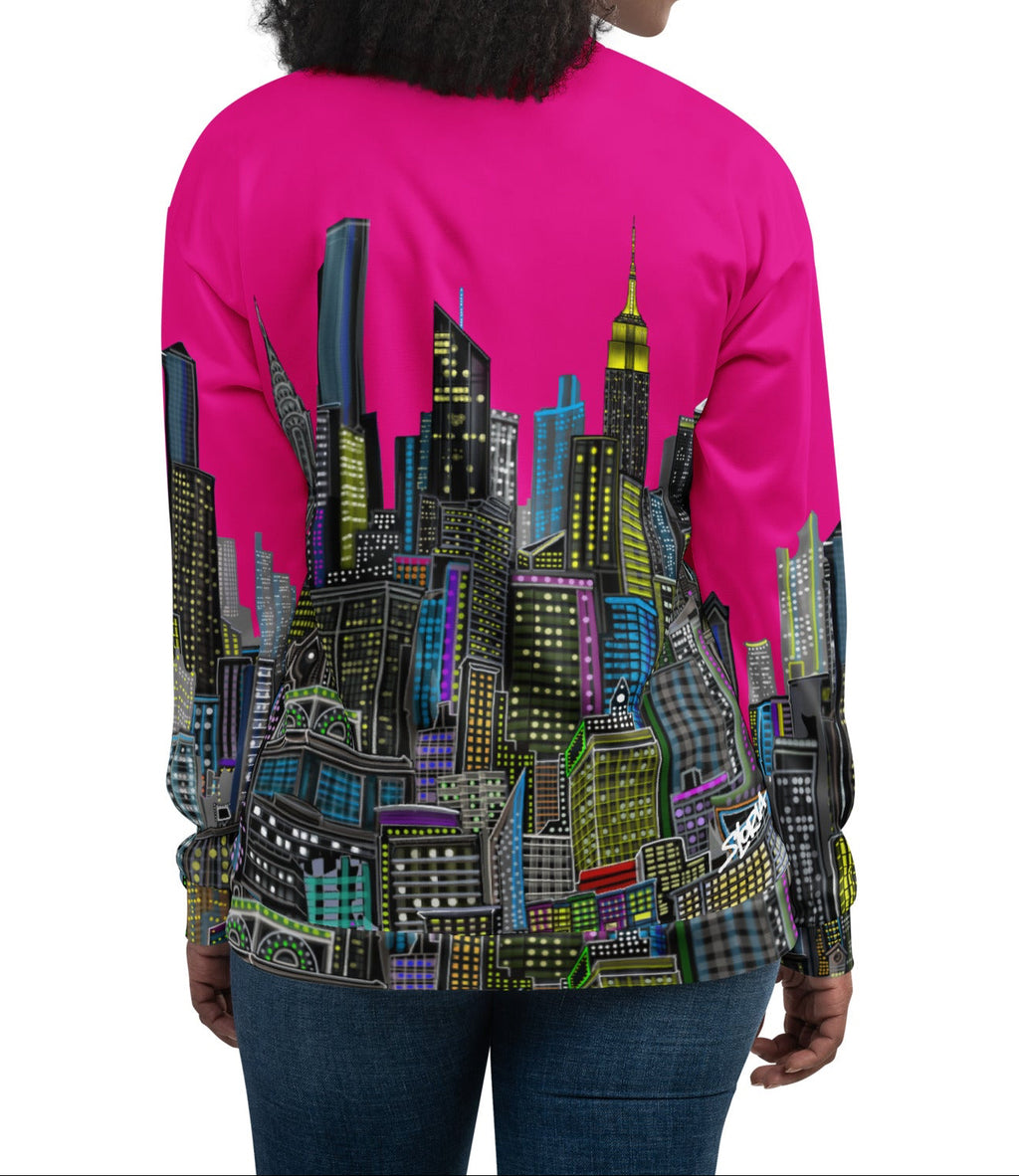 Rear view of Lady wearing  jacket with Fuchsia color cityscape design by Loria NYC Art on a white background