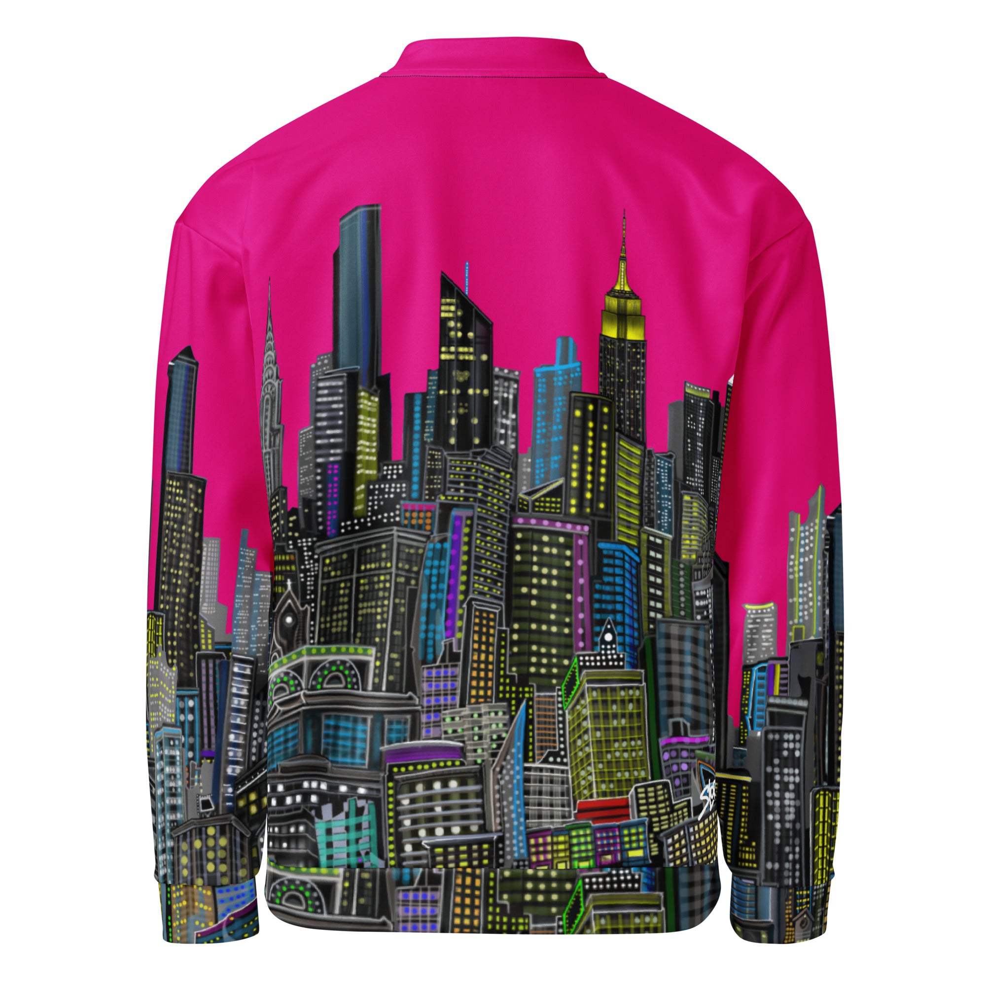 Back view of fuchsia jacket with a cityscape design by Loria NYC Art on a white background