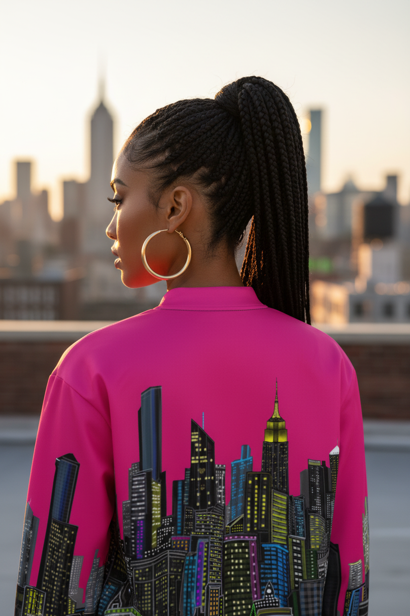 Woman wearing a pink jacket with cityscape design by Loria NYC Art standing on a rooftop with a city skyline in the background.