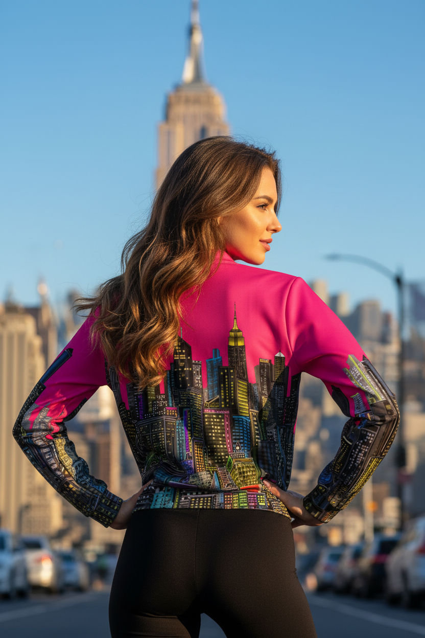 Woman wearing a colorful Loria NYC Art jacket with a cityscape design, standing in an urban setting with tall buildings.