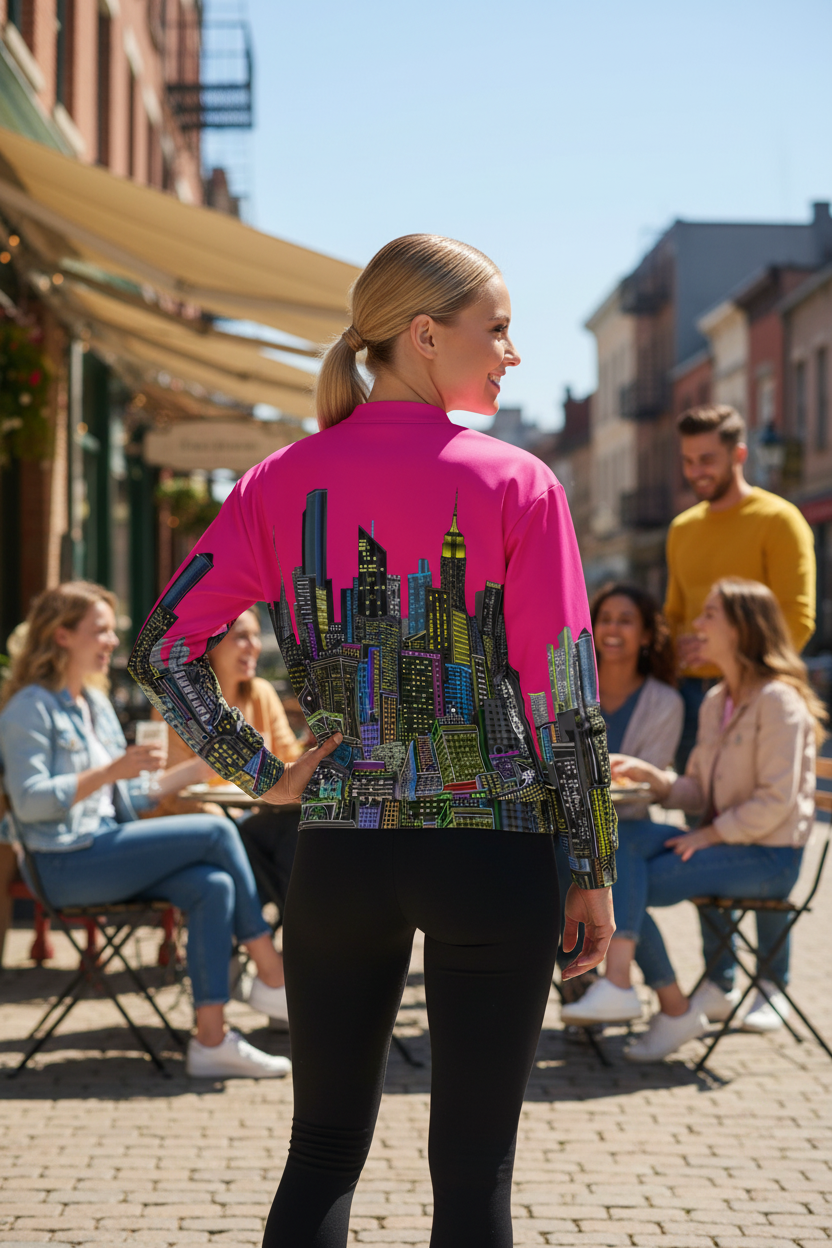 Women outside posing by a cafe in a vibrant colorful Loria NYC Art jacket.