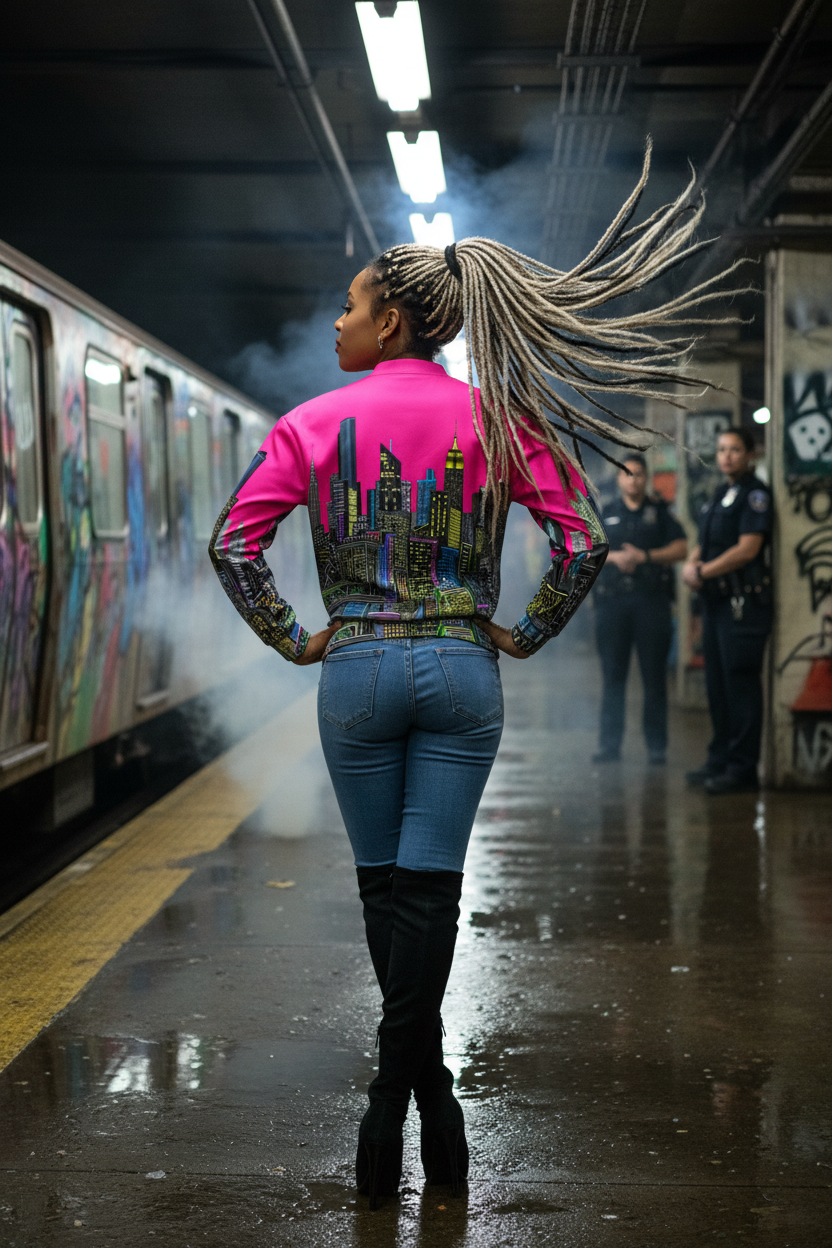Person in a colorful Loria NYC Art jacket and blue jeans standing on a subway platform with graffiti and police officers in the background.