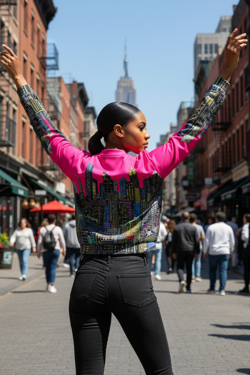 Person wearing a colorful Loria NYC Art jacket and black pants on a city street with the Empire State Building in the background.