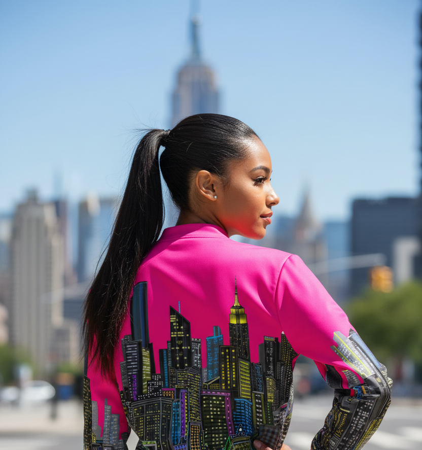 Person wearing a colorful Loria NYC Art jacket with cityscape design in an urban setting