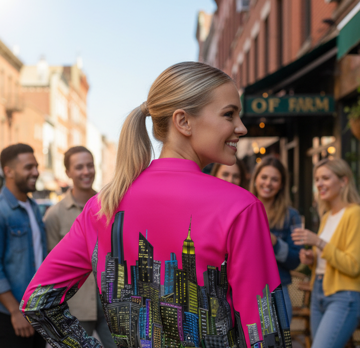 Woman in a pink Loria NYC Art jacket with cityscape design standing on a street with people in the background