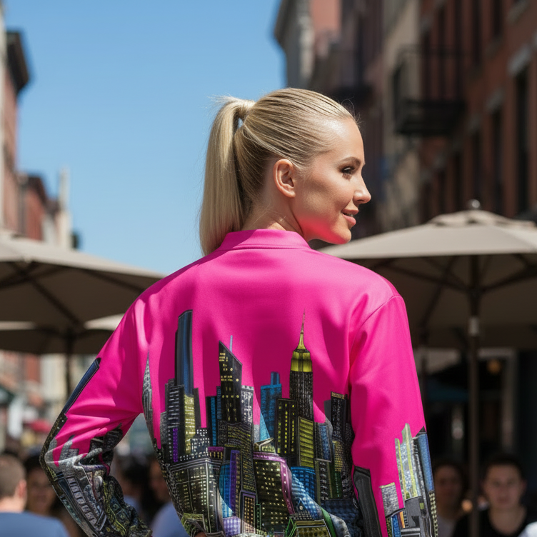 Women outside wearing by a fuchsia colorful Loria NYC Art jacket.