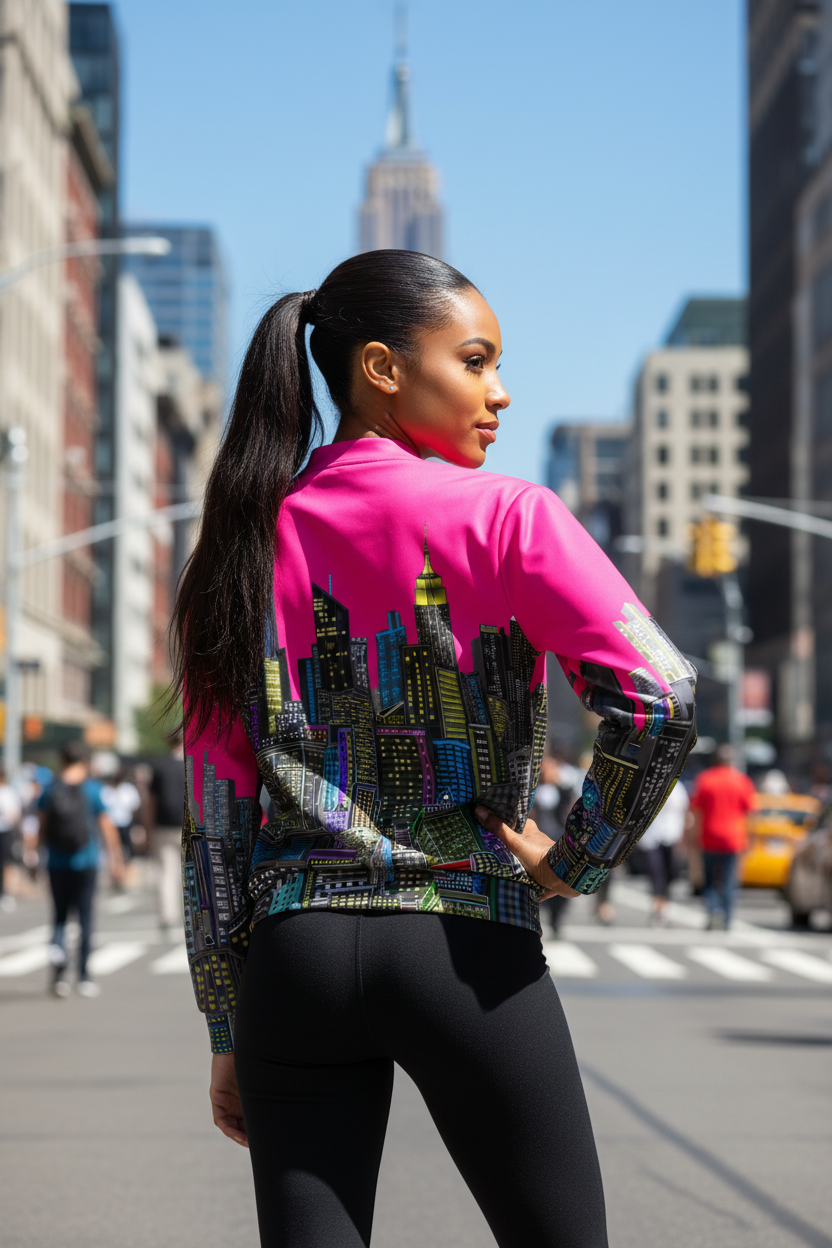 Woman wearing a colorful Loria NYC Art jacket with a cityscape design on a city street.