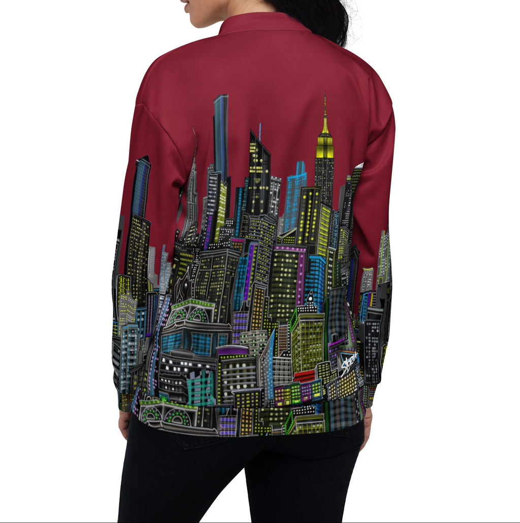 Girl posing in rear view for  a maroon jacket with a colorful cityscape design by Loria NYC Art on a white background