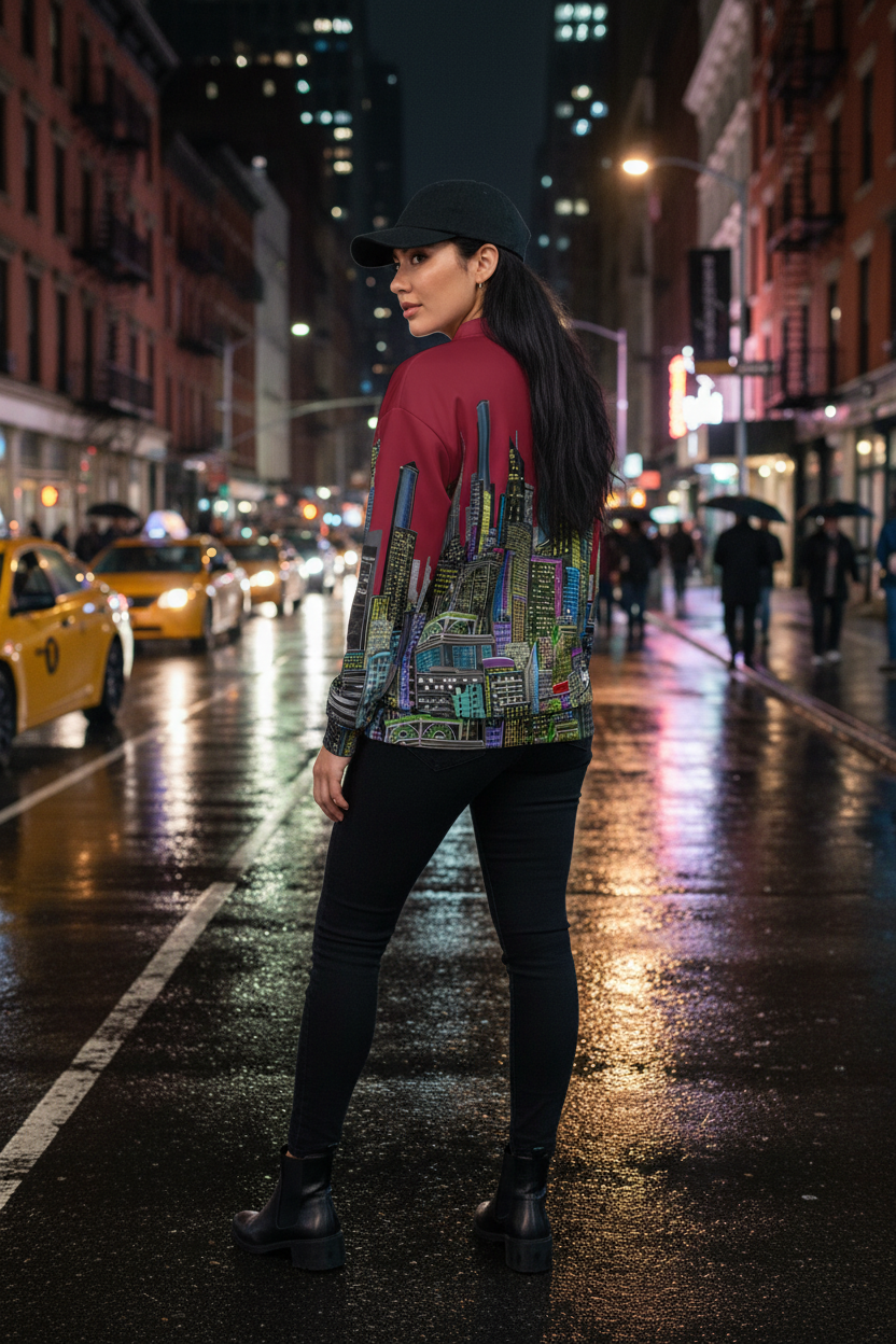 Person wearing a colorful Loria NYC Art jacket with cityscape design on a rainy city street.