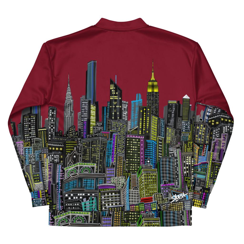 Back view of a Maroon jacket with a folded sleeves and colorful cityscape design by Loria NYC Art on a white background