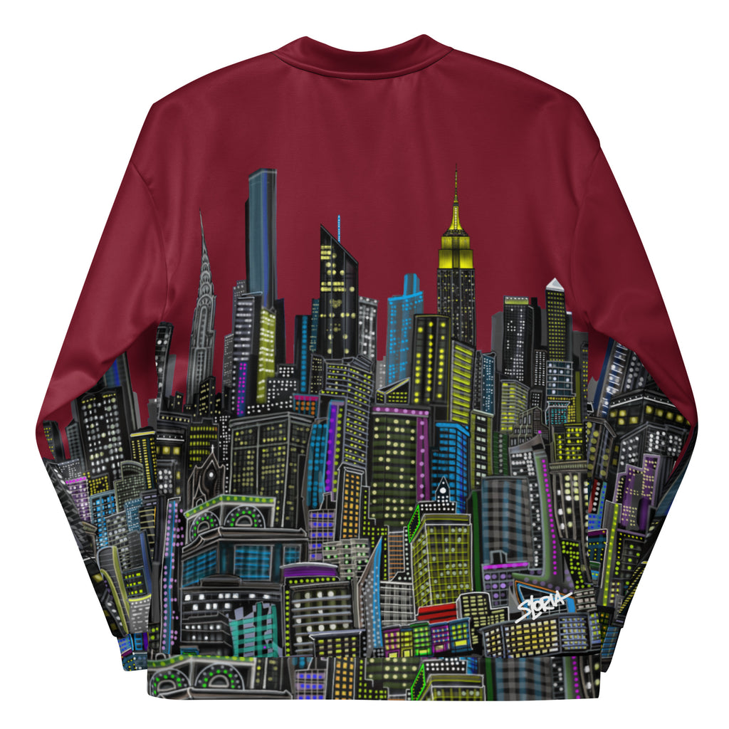 Back of jacket with folded sleeves, Maroon color with a colorful design by Loria NYC Art on a white background