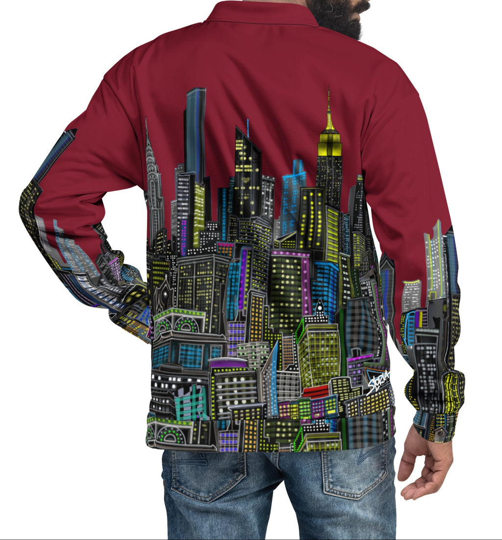 Rear view of Man wearing a maroon jacket  with a colorful cityscape design on a white background