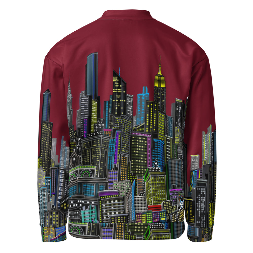 Back of Maroon jacket with a colorful cityscape design by Loria NYC Art on a white background