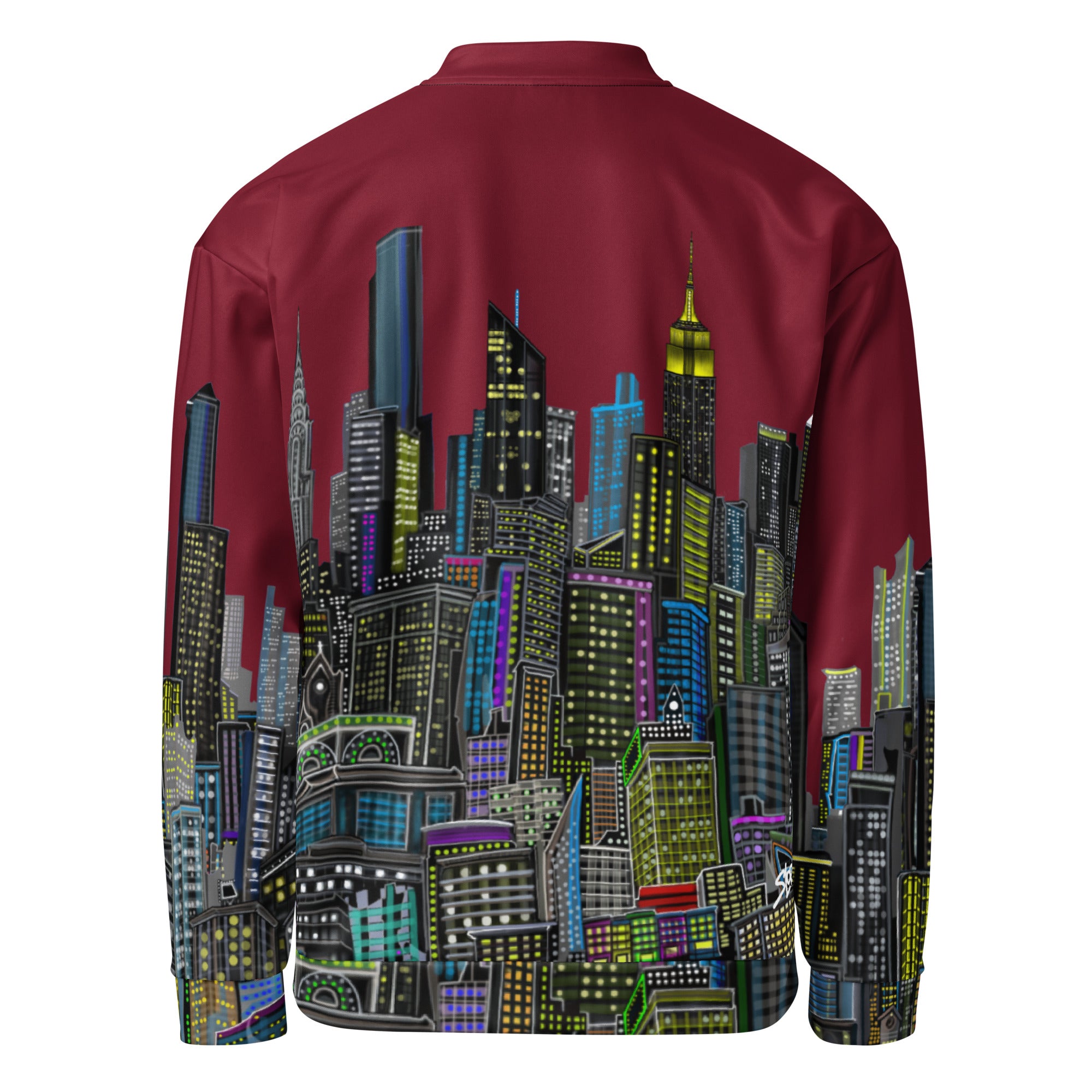 Back of Maroon jacket with a colorful cityscape design by Loria NYC Art on a white background