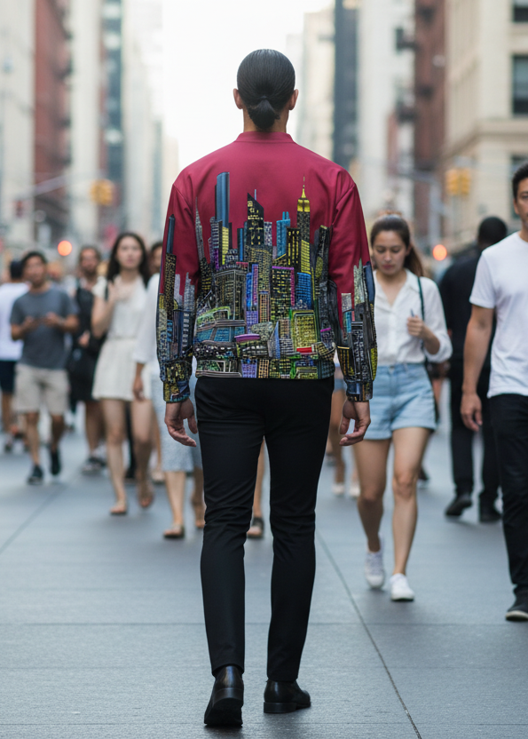 Man in a Loria NYC Art colorful jacket walking down a busy city street