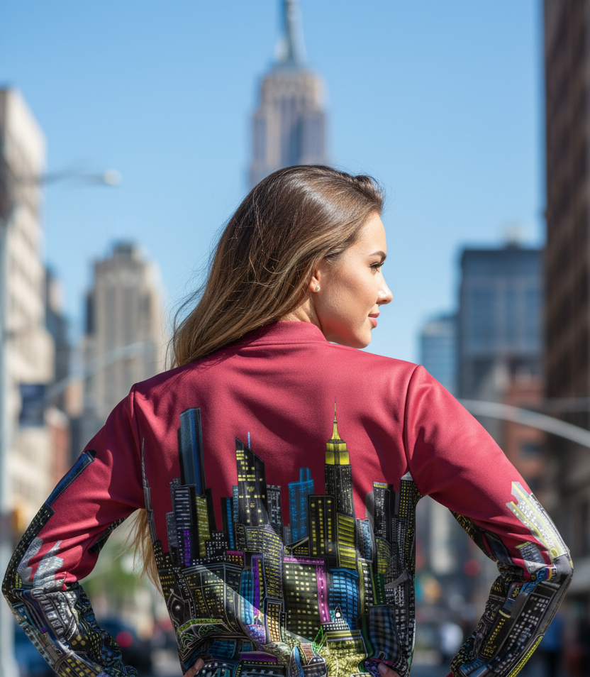 Women wearing a colorful burgundy Loria NYC Art jacket in an outdoor urban setting 