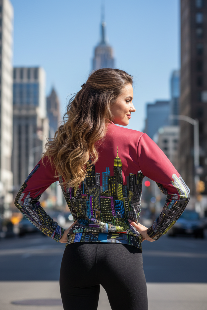 Women posing in a colorful burgundy Loria NYC Art jacket in an outside urban setting 