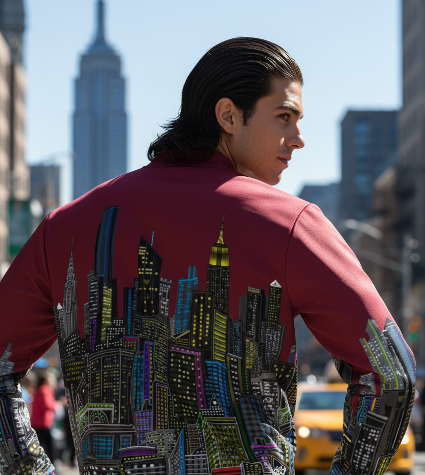 Man wearing a colorful Loria NYC Art jacket in an outdoor urban setting 