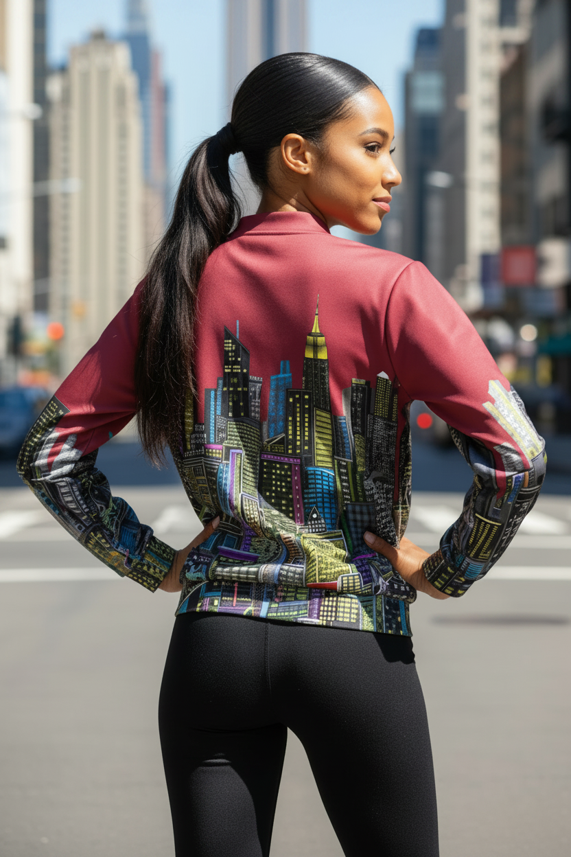 Person in a burgundy Loria NYC Art jacket in an outdoor setting 