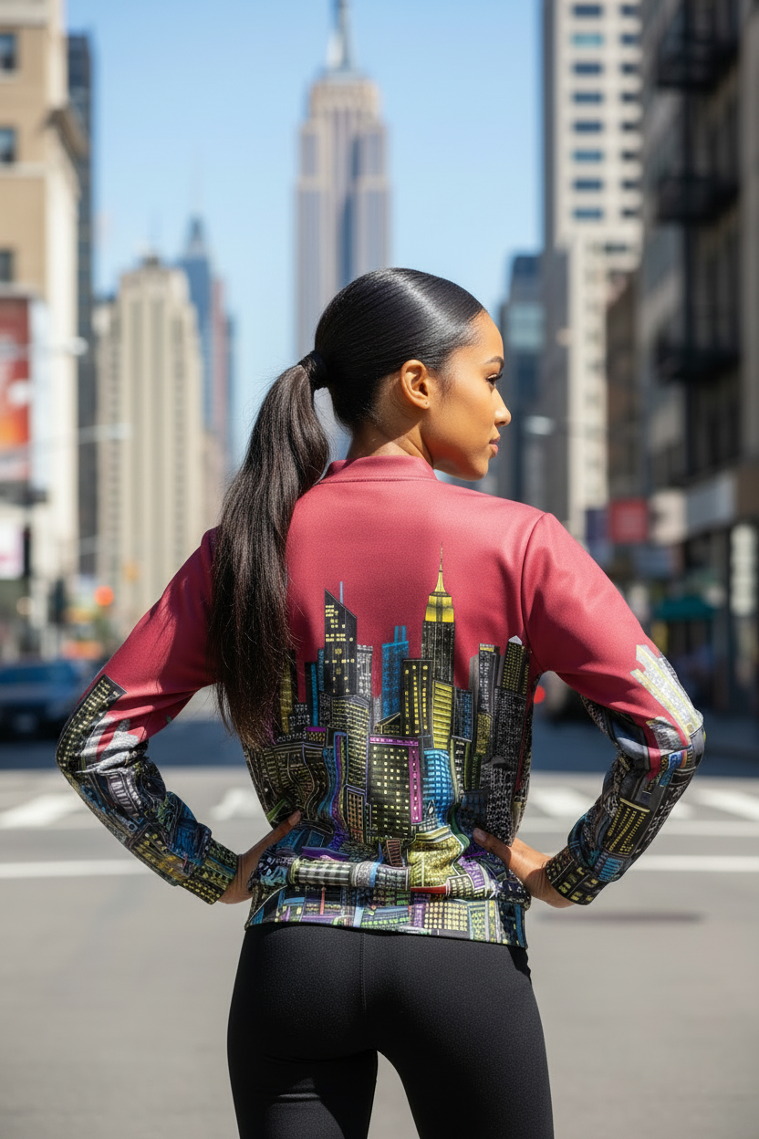 Women in a colorful Loria NYC Art jacket in an outdoor setting 