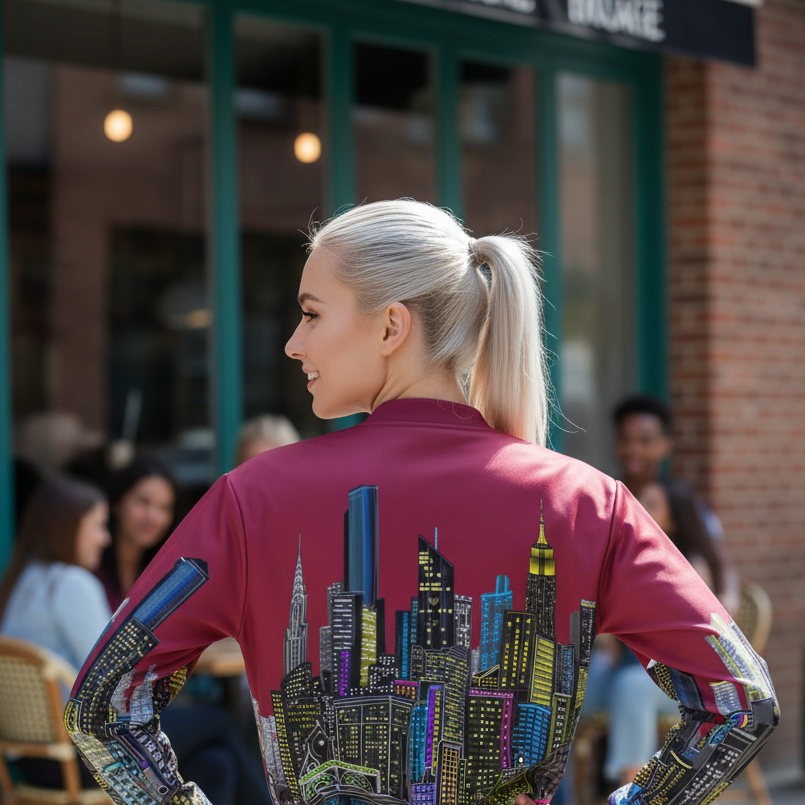 Person wearing a red  Loria NYC Art jacket with a cityscape design, standing in an urban setting.