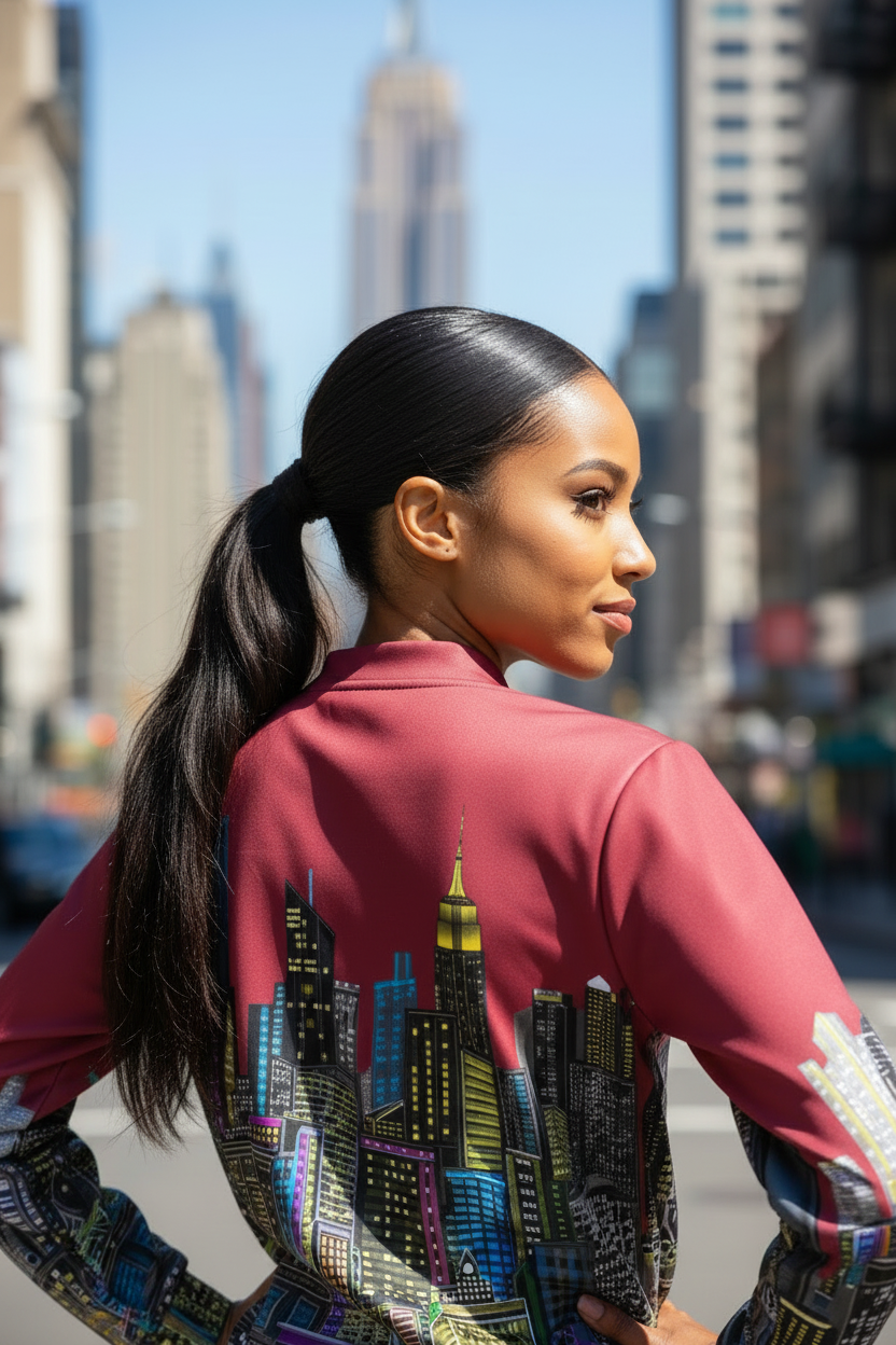 Woman wearing a red jacket with a cityscape Loria NYC Art design in an urban setting