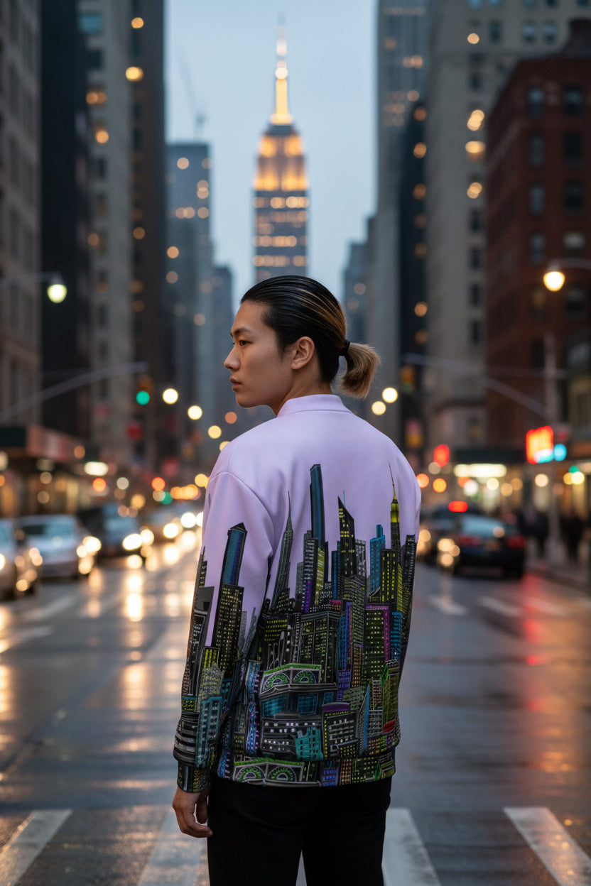 Rear view of a man posing a Light purple lavender jacket by Loria NYC Art with cityscape design on a urban background