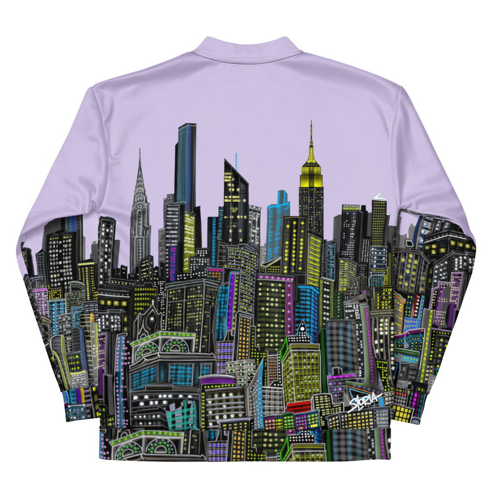 Rear view of purple lavender jacket with folded sleeves designed by Loria NYC Art with cityscape design on a white background