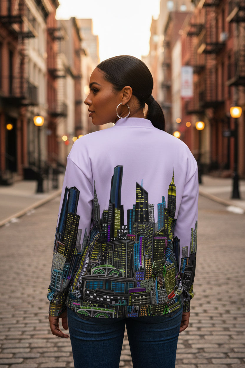 Back of Girl wearing a Light purple lavender bomber jacket by Loria NYC Art with cityscape design on a urban background