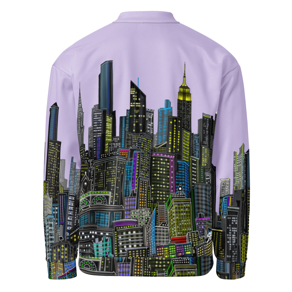 Back of Light purple lavender bomber jacket designed by Loria NYC Art with cityscape design on a white background
