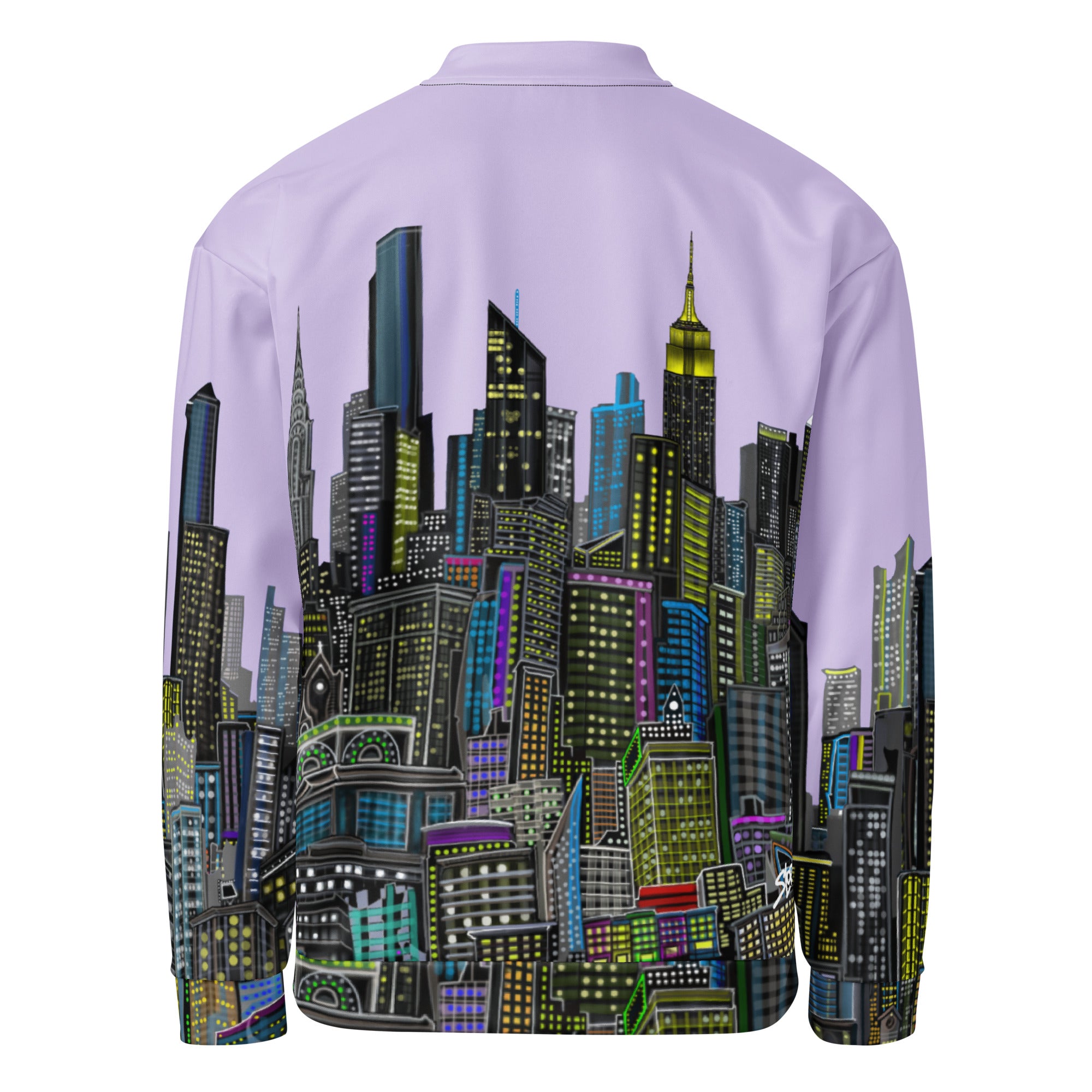 Back of Light purple lavender bomber jacket designed by Loria NYC Art with cityscape design on a white background