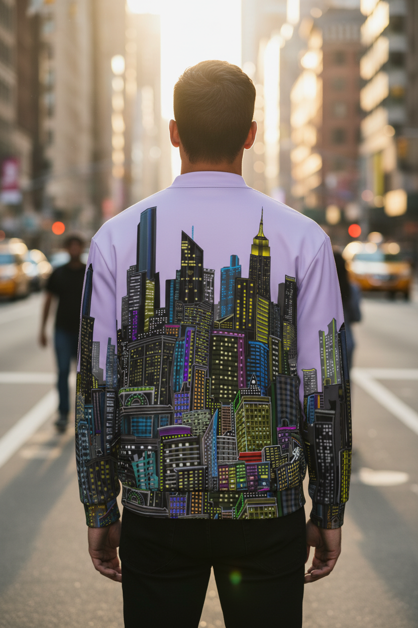 Man wearing a shirt with a cityscape lavender jacket design by Loria NYC Art on a busy street
