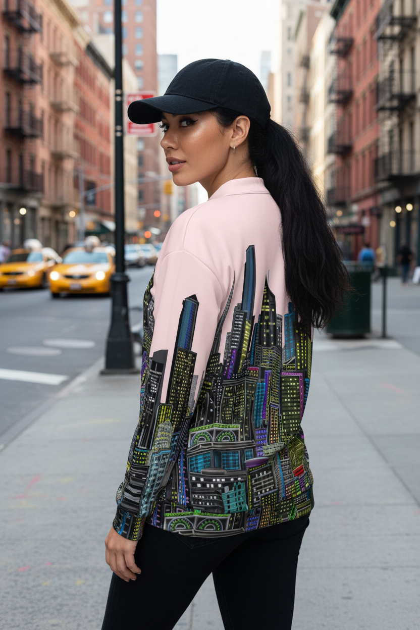 Woman wearing a jacket with a cityscape Loria NYC Art design on a city street.