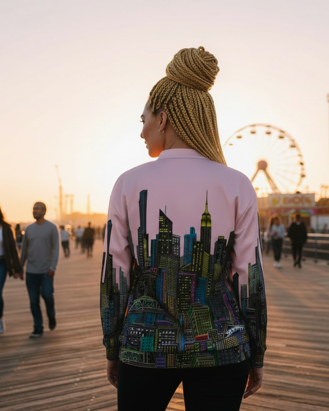 Person wearing a colorful cityscape jacket  design by Loria NYC Art on a boardwalk with a Ferris wheel in the background.